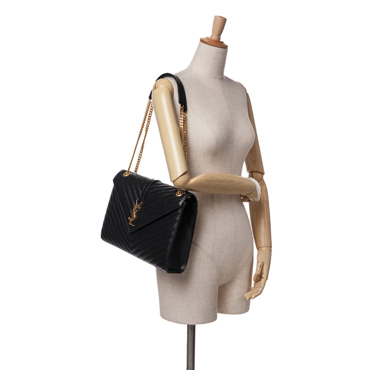 Large Grain de Poudre Monogram Chevron Envelope Bag Black - Gaby Paris