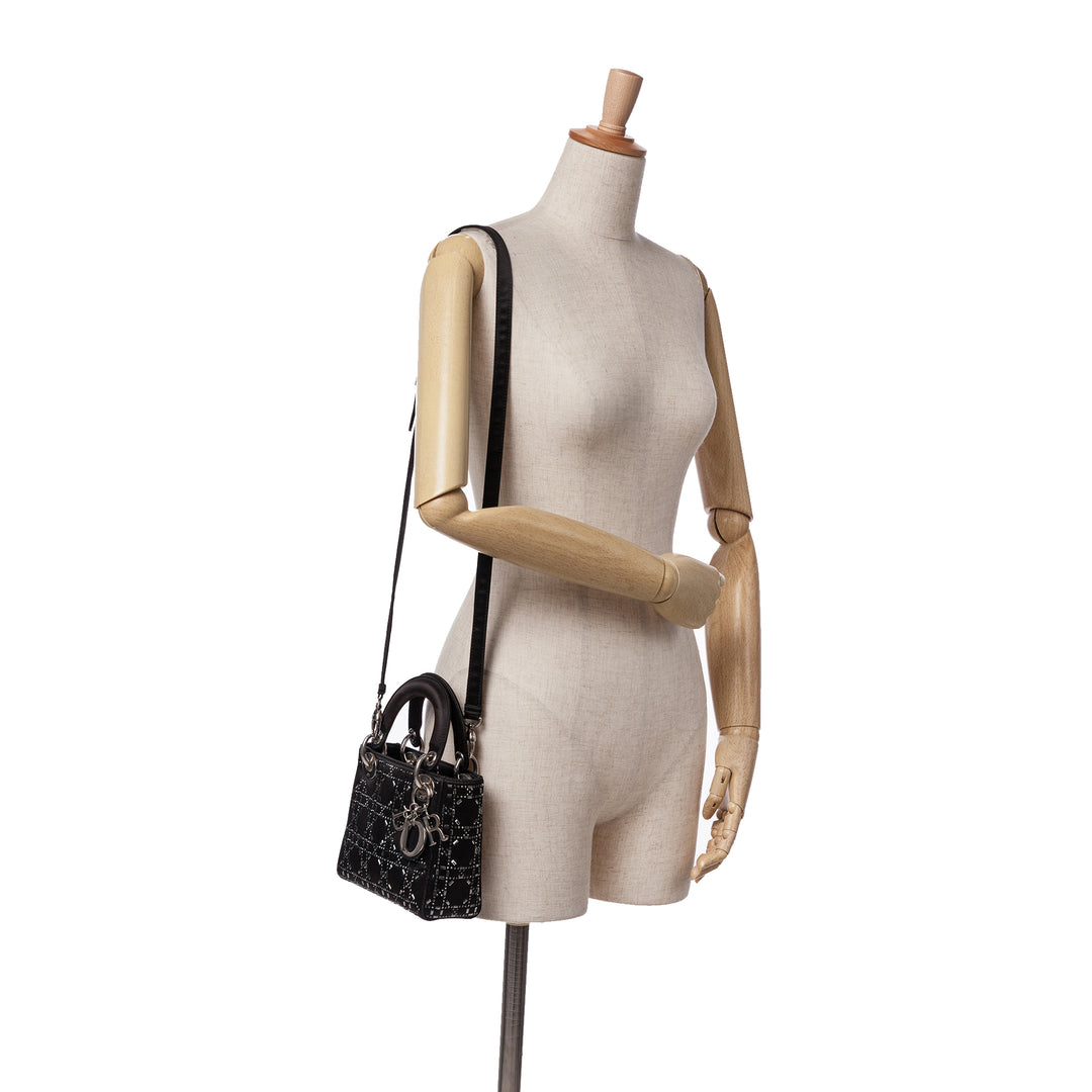 Mini Satin Cannage Strass Crystal Embellished Lady Dior Black - Gaby Paris