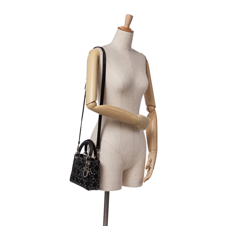 Mini Satin Cannage Strass Crystal Embellished Lady Dior Black - Gaby Paris