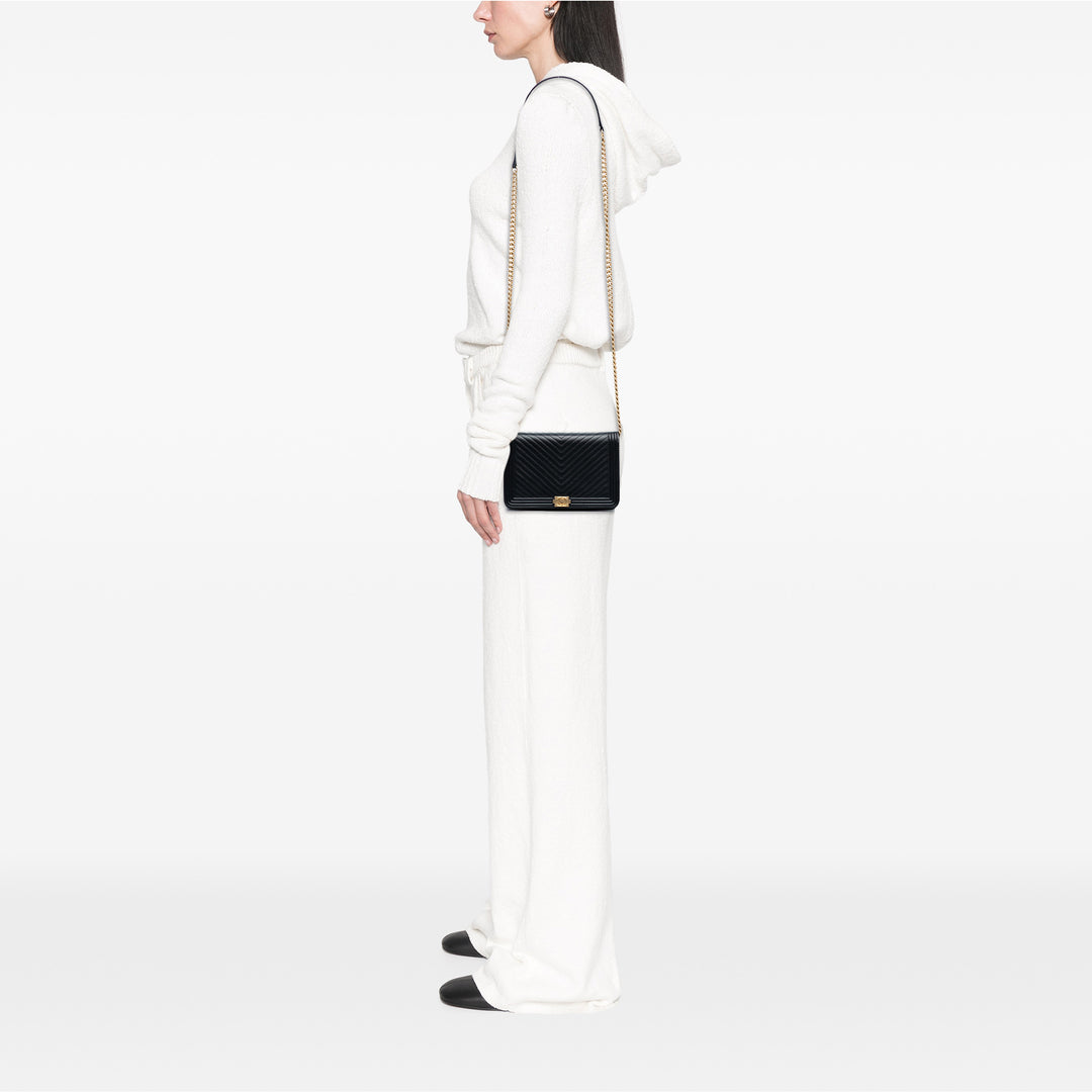 Chanel Chevron Quilted Cuir de veau Boy Wallet On Chain Noir