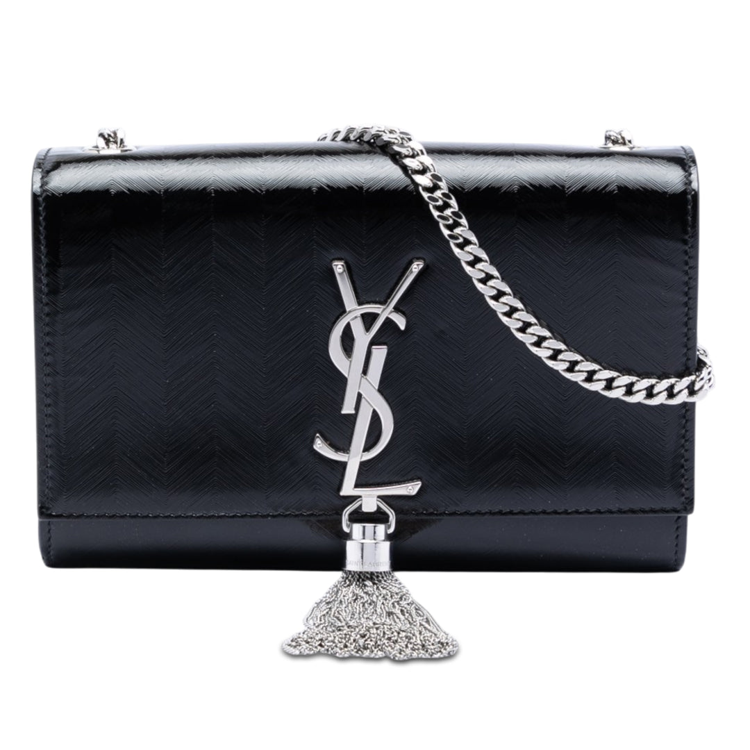 Saint Laurent Medium Chevron Cuir verni Monogram Kate Pompon Sac porté croisé