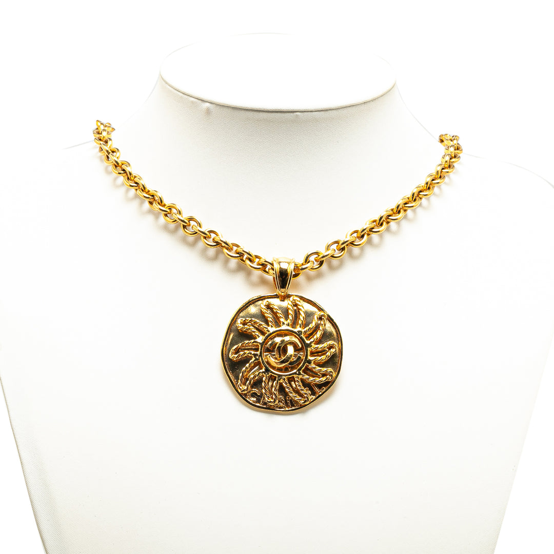 Chanel Gold Plated CC Sun Medallion Pendant Necklace Gold - GABY PARIS