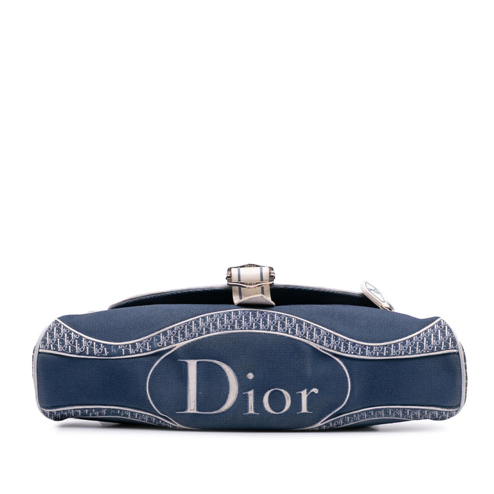 John Galliano Diorissimo Trimmed Canvas Shoulder Bag Blue - Gaby Paris