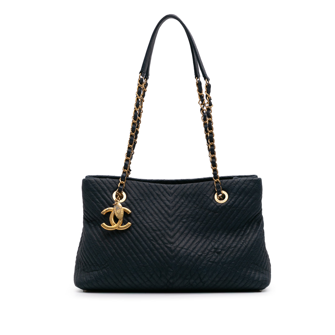 Medium Chevron Wrinkled Calfskin Medallion Charm Tote Blue - Gaby Paris