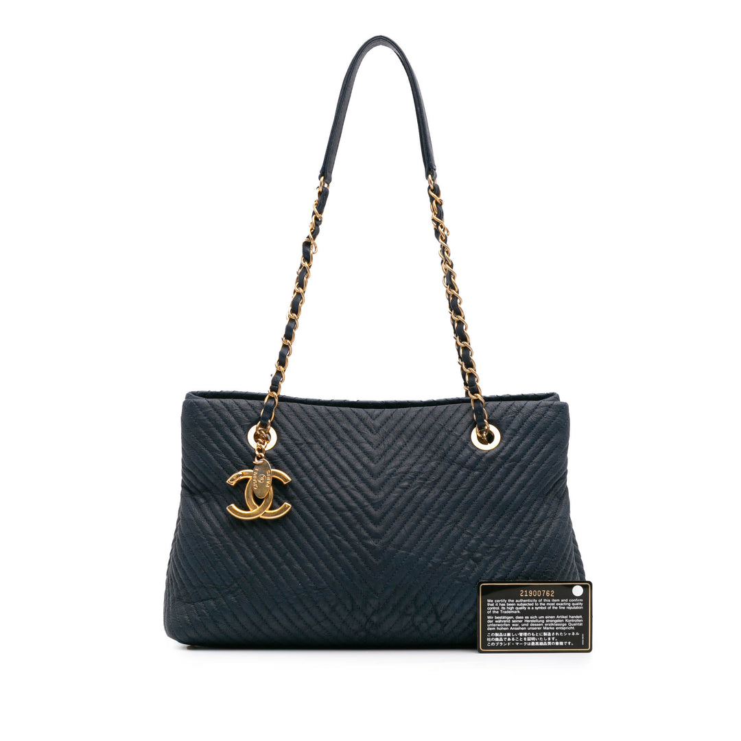 Medium Chevron Wrinkled Calfskin Medallion Charm Tote Blue - Gaby Paris