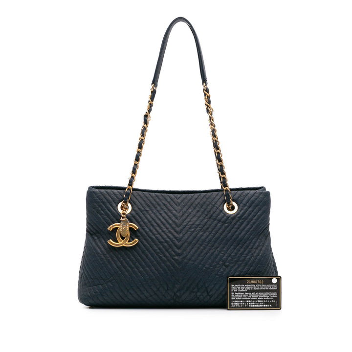 Medium Chevron Wrinkled Calfskin Medallion Charm Tote Blue - Gaby Paris