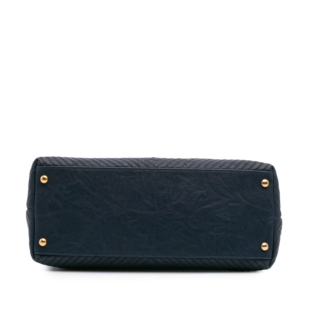 Medium Chevron Wrinkled Calfskin Medallion Charm Tote Blue - Gaby Paris