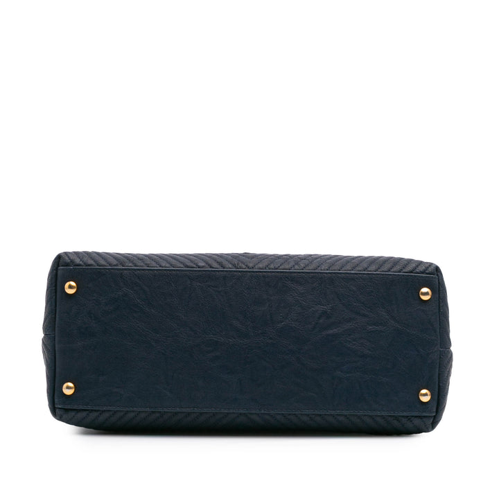Medium Chevron Wrinkled Calfskin Medallion Charm Tote Blue - Gaby Paris