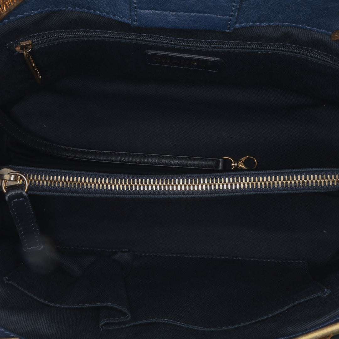 Medium Chevron Wrinkled Calfskin Medallion Charm Tote Blue - Gaby Paris