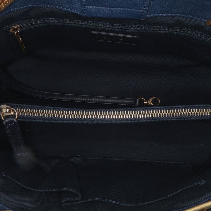 Medium Chevron Wrinkled Calfskin Medallion Charm Tote Blue - Gaby Paris