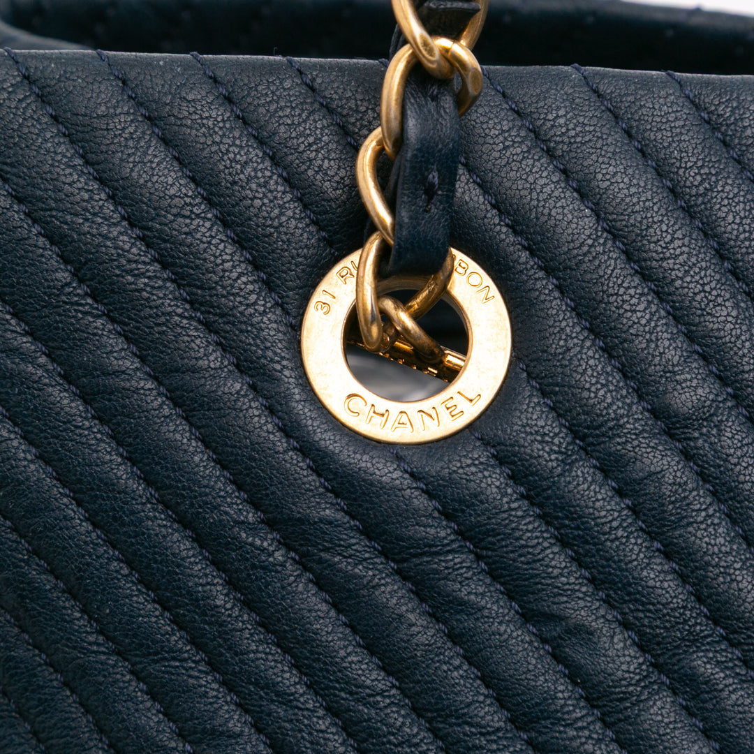 Medium Chevron Wrinkled Calfskin Medallion Charm Tote Blue - Gaby Paris