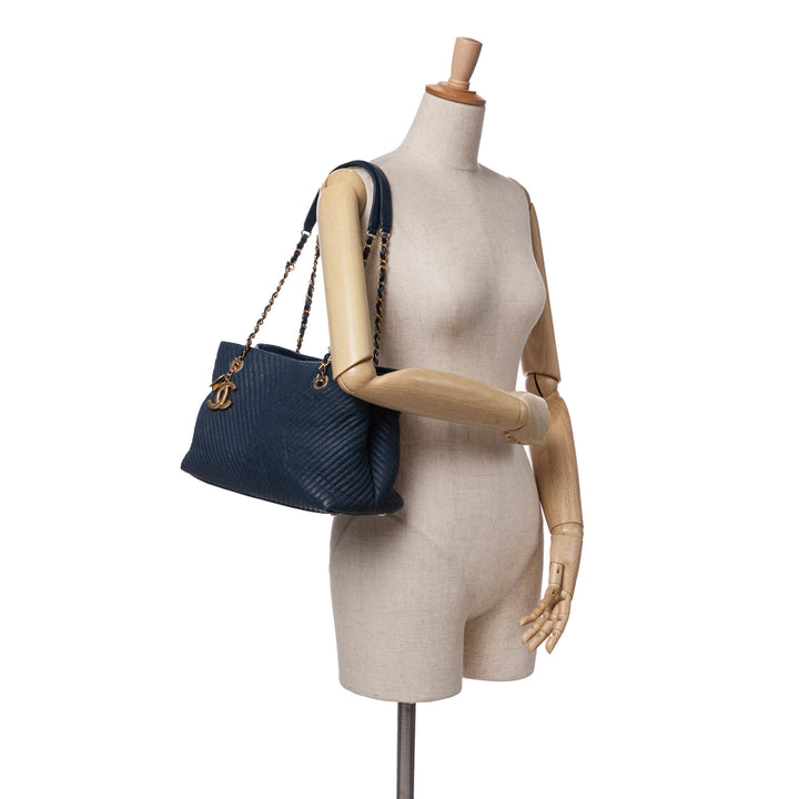 Medium Chevron Wrinkled Calfskin Medallion Charm Tote Blue - Gaby Paris