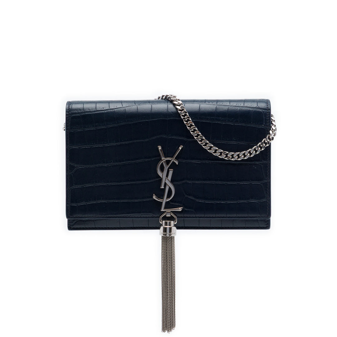 Saint Laurent Croc embossé Cuir Monogram Kate Pompon Wallet on Chain