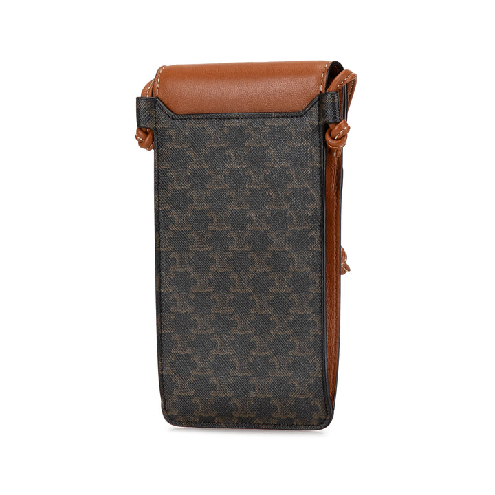 Triomphe Coated Canvas and Lambskin Phone Pouch with Flap Brown - Gaby Paris