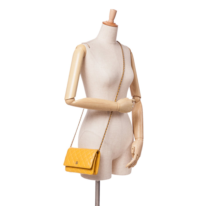 CC Quilted Caviar Wallet on Chain Yellow - Gaby Paris