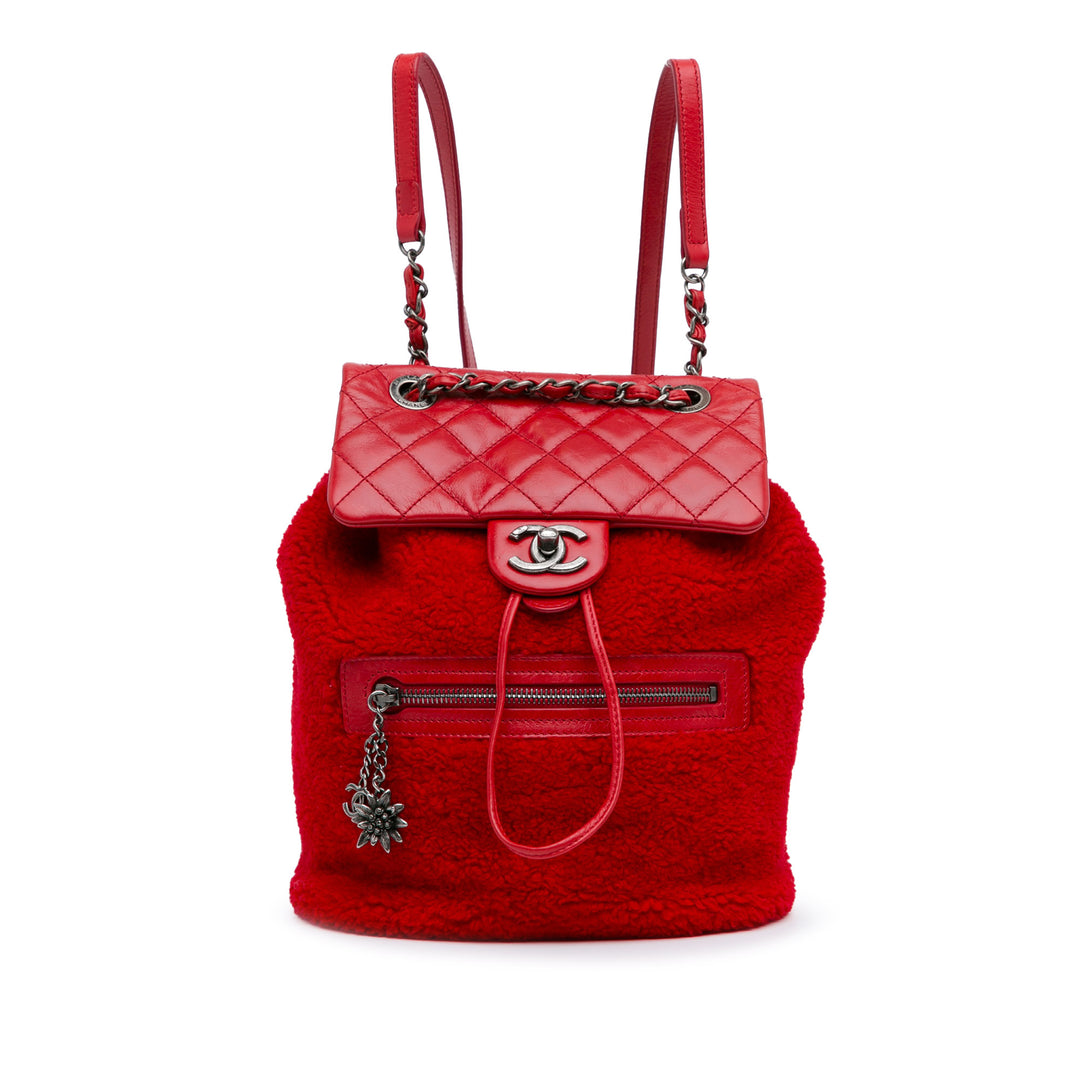 Small Shearling and Glazed Calfskin Mountain Backpack Red - Gaby Paris