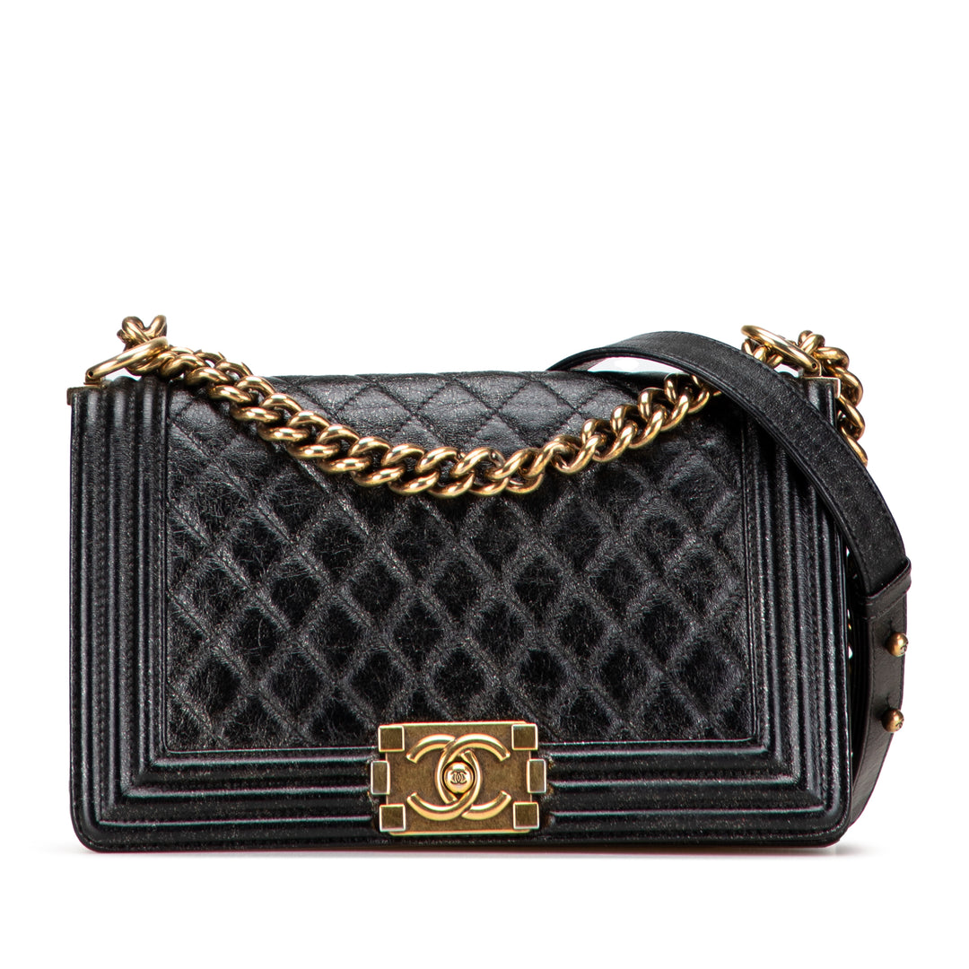 Chanel Old Medium Cracked Métallisé Cuir de veau Boy Flap Noir – GABY PARIS Authentique