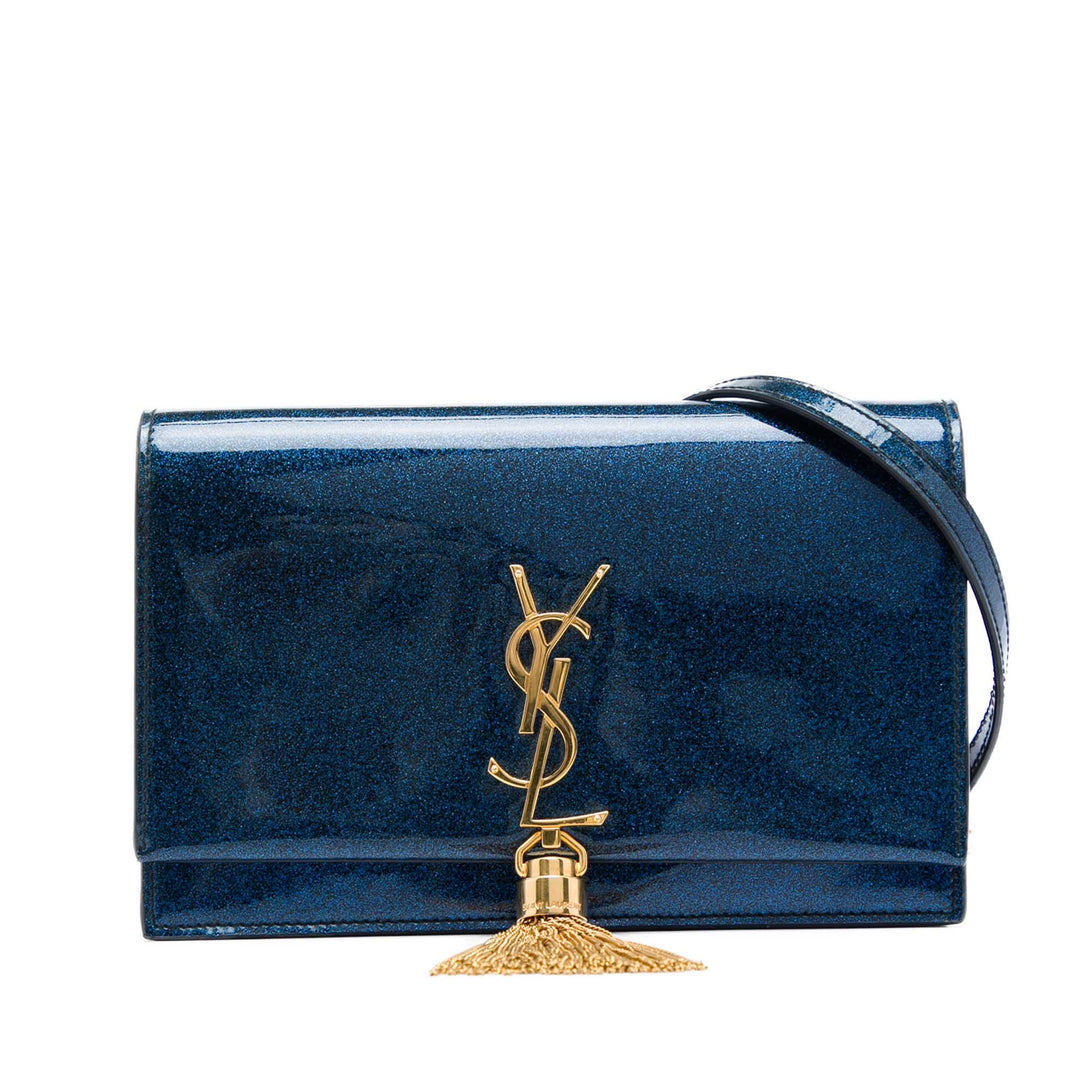 Saint Laurent Glitter Cuir verni Monogram Kate Pompon Wallet on Chain