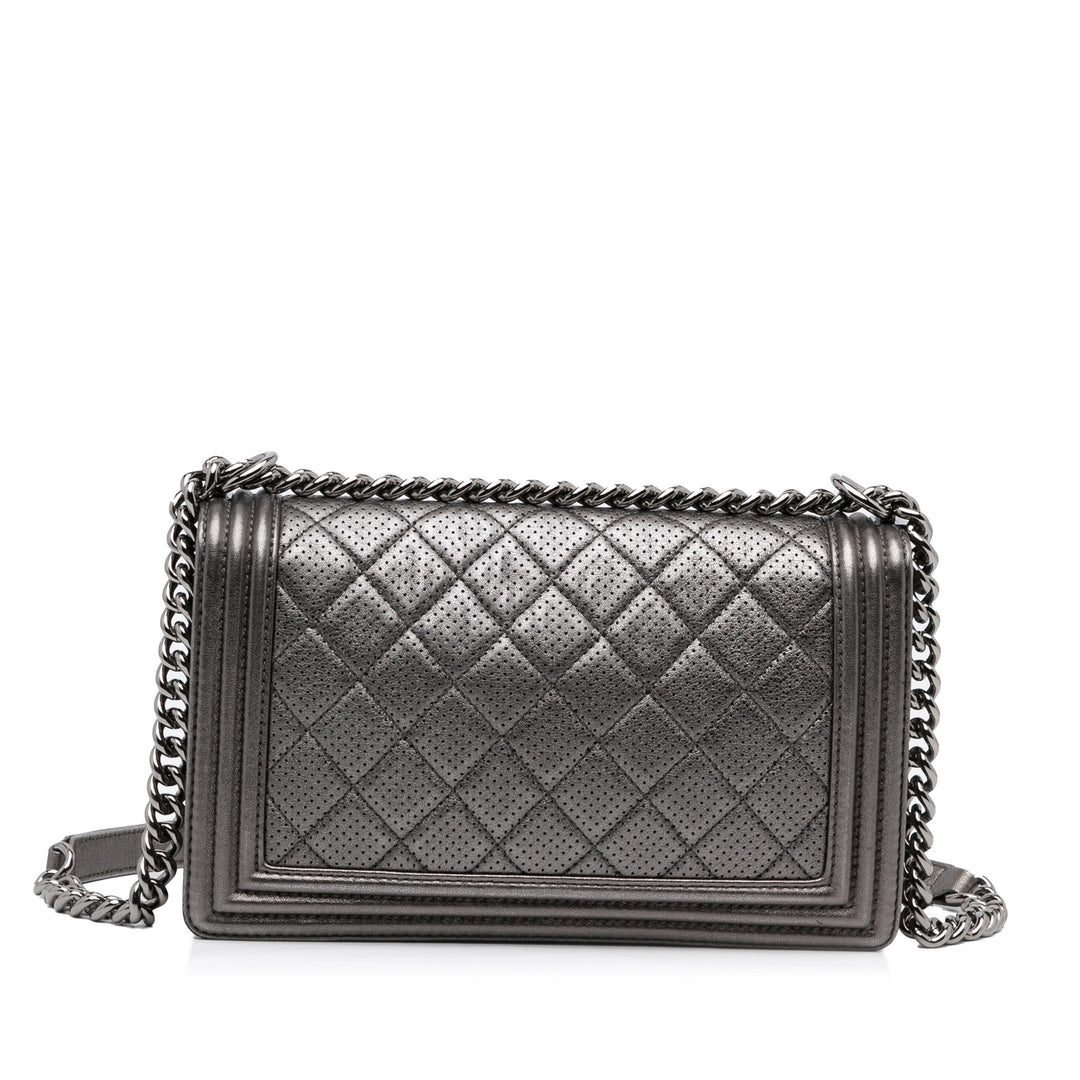 Chanel Medium Quilted Perforated Métallisé Cuir d’agneau Boy Flap Gris