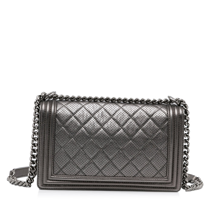 Chanel Medium Quilted Perforated Métallisé Cuir d’agneau Boy Flap Gris