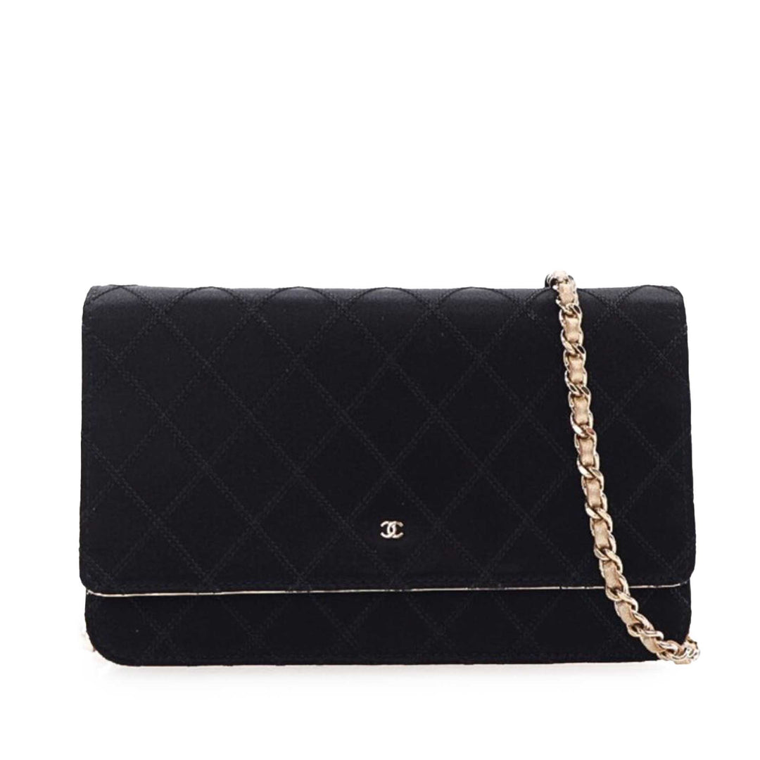 Bicolor Satin Diamond Stitch Wallet On Chain Black - Gaby Paris
