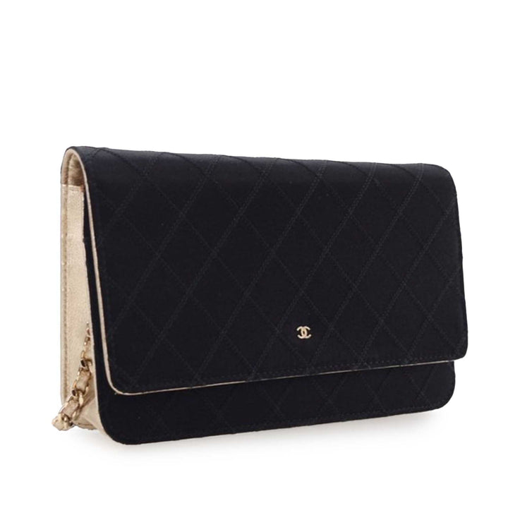 Bicolor Satin Diamond Stitch Wallet On Chain Black - Gaby Paris
