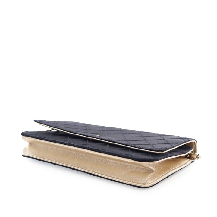Bicolor Satin Diamond Stitch Wallet On Chain Black - Gaby Paris