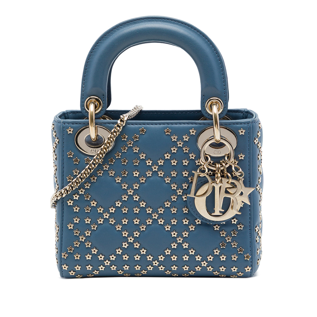 Dior Lady Dior Cannage Lucky Star clouté Mini Cuir d'agneau Bleu – vue principale – GABY PARIS