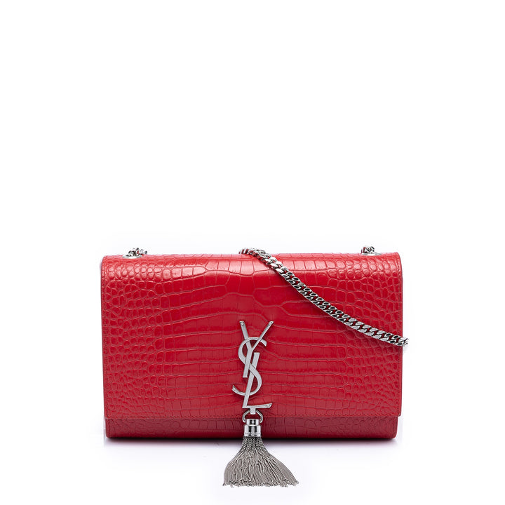 Saint Laurent Croc embossé Kate Pompon Sac Moyen Cuir