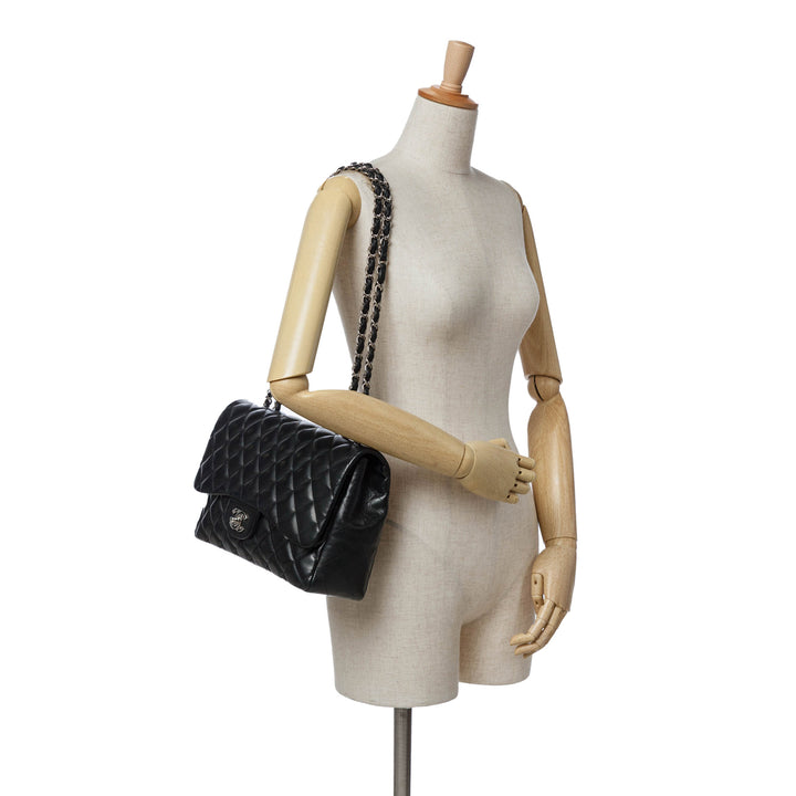 Jumbo Classic Lambskin Single Flap Black - Gaby Paris