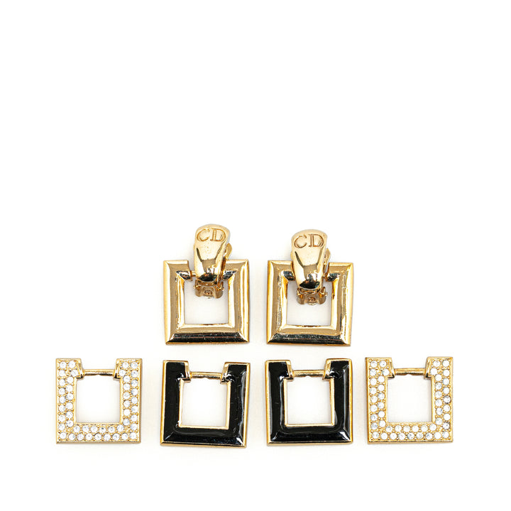 Gold Plated Rhinestone CD Logo Square Set Clip-On Earrings Gold - Gaby Paris