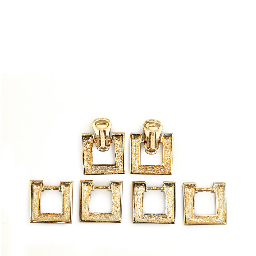 Gold Plated Rhinestone CD Logo Square Set Clip-On Earrings Gold - Gaby Paris