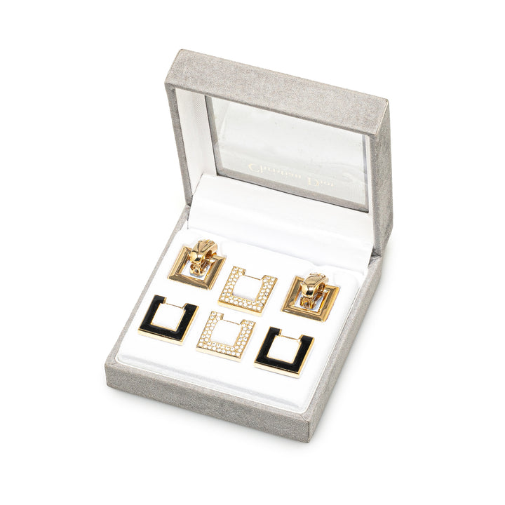 Gold Plated Rhinestone CD Logo Square Set Clip-On Earrings Gold - Gaby Paris