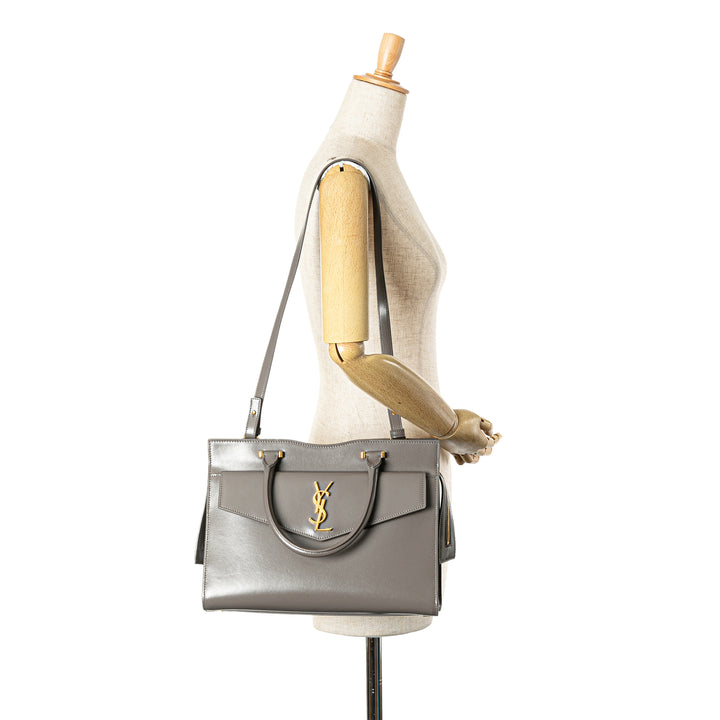 Medium Leather Monogram Uptown Satchel Gray - Gaby Paris