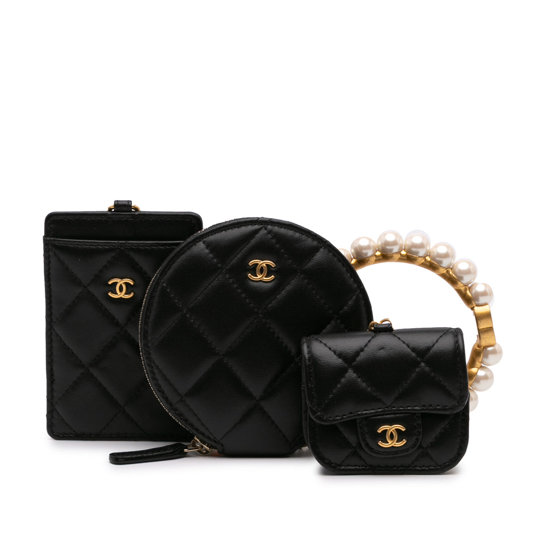 Lambskin Pearl Crown CC Wristlet Multi Pouches Black - Gaby Paris