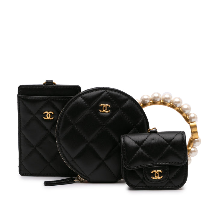 Lambskin Pearl Crown CC Wristlet Multi Pouches Black - Gaby Paris