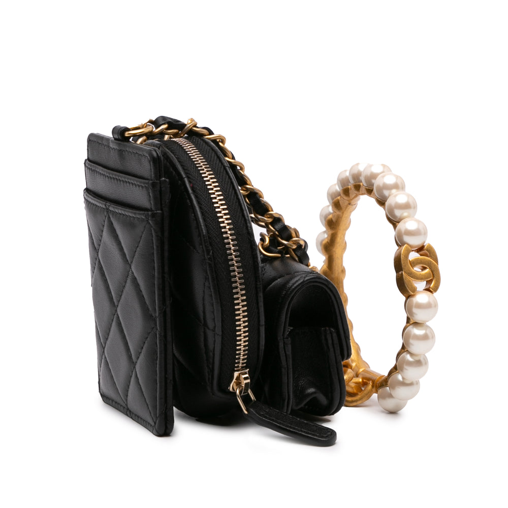 Lambskin Pearl Crown CC Wristlet Multi Pouches Black - Gaby Paris