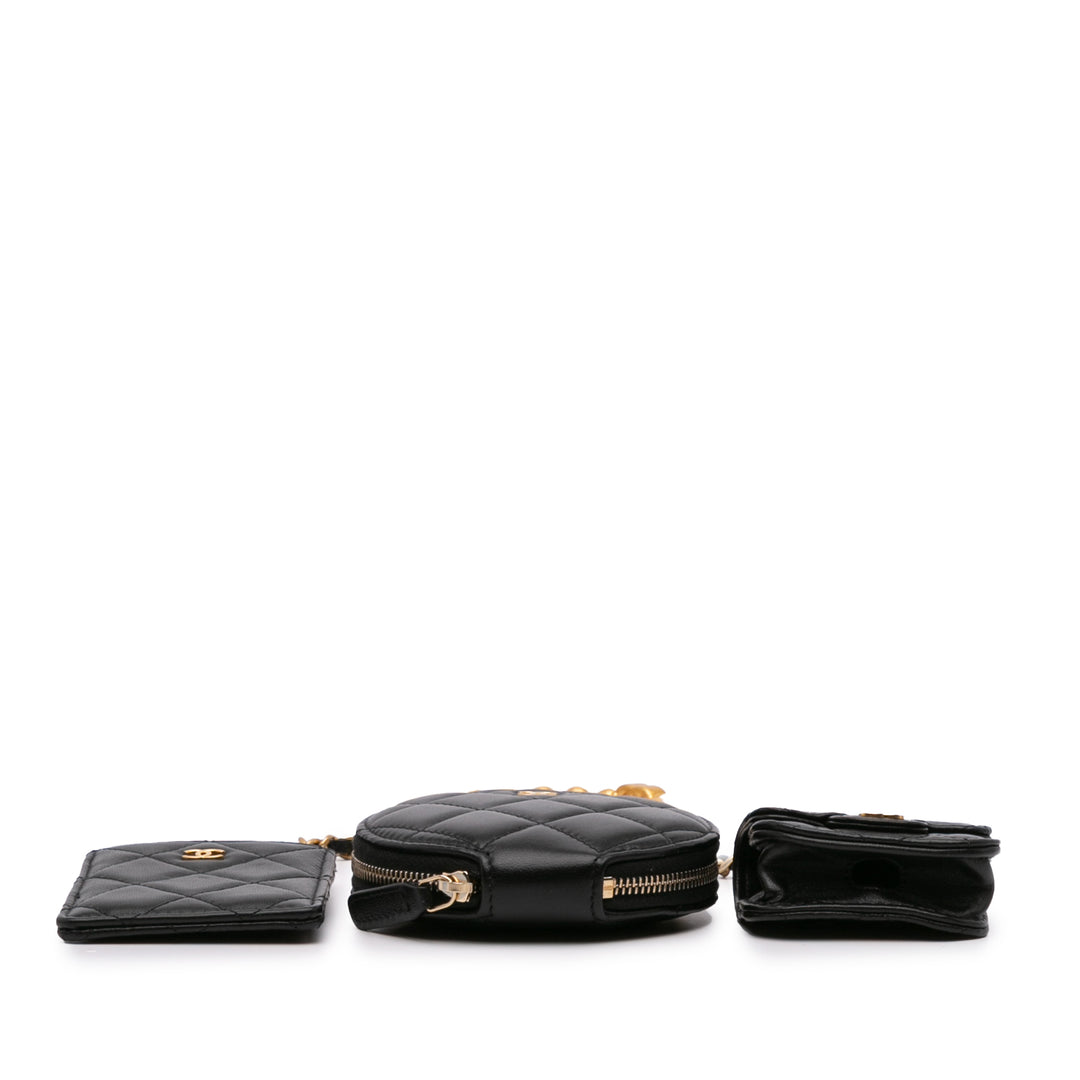 Lambskin Pearl Crown CC Wristlet Multi Pouches Black - Gaby Paris