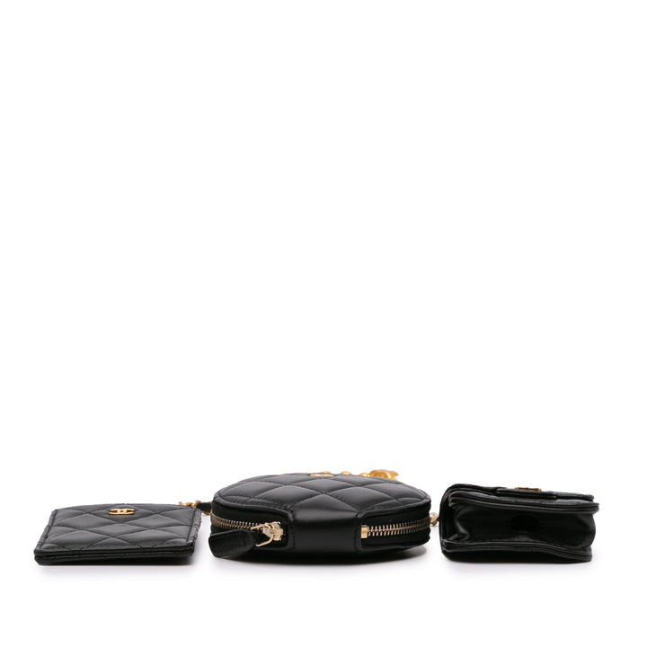Lambskin Pearl Crown CC Wristlet Multi Pouches Black - Gaby Paris