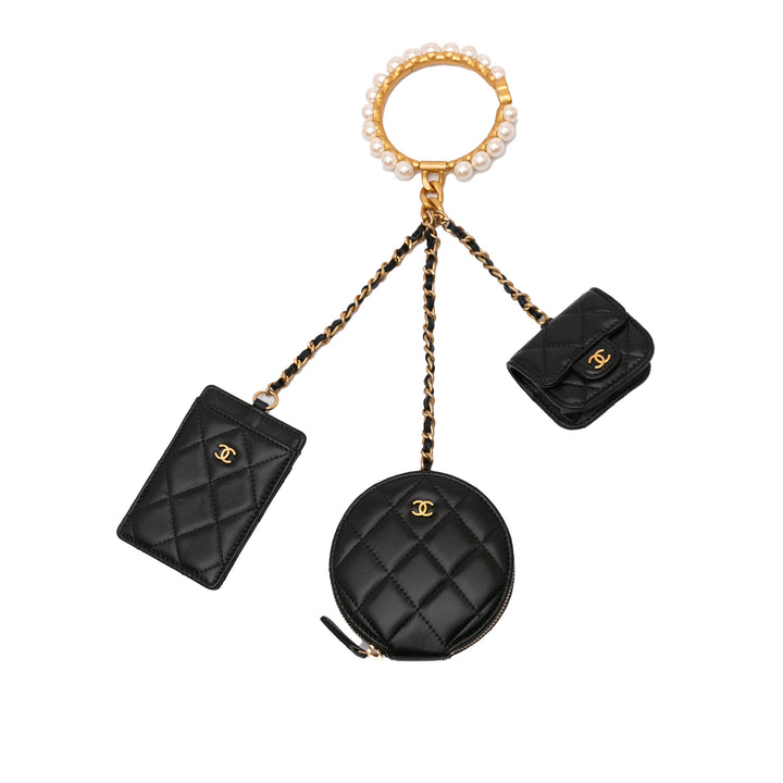 Lambskin Pearl Crown CC Wristlet Multi Pouches Black - Gaby Paris