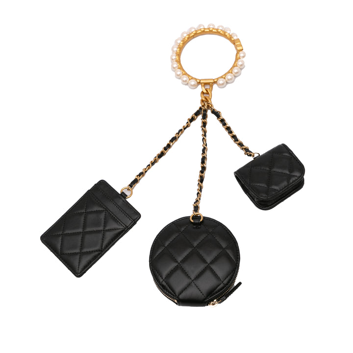 Lambskin Pearl Crown CC Wristlet Multi Pouches Black - Gaby Paris