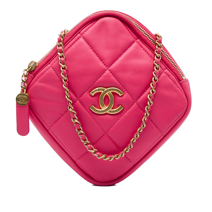 Chanel CC Matelassé Diamond Pochette avec chaîne Cuir d'agneau Rose – vue principale – GABY PARIS