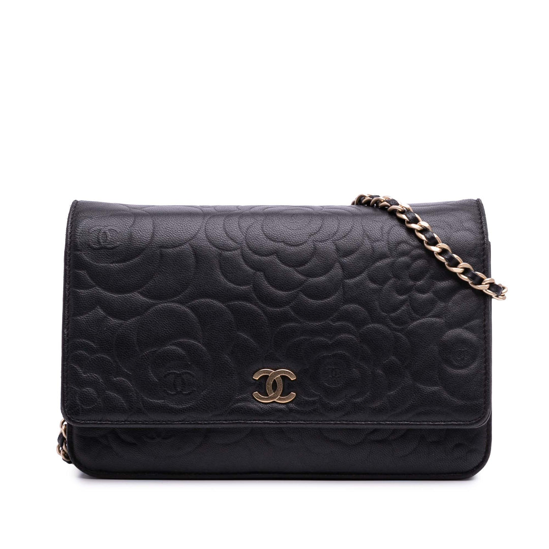 Lambskin Camellia Embossed Wallet On Chain Black - Gaby Paris