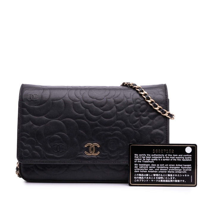 Lambskin Camellia Embossed Wallet On Chain Black - Gaby Paris