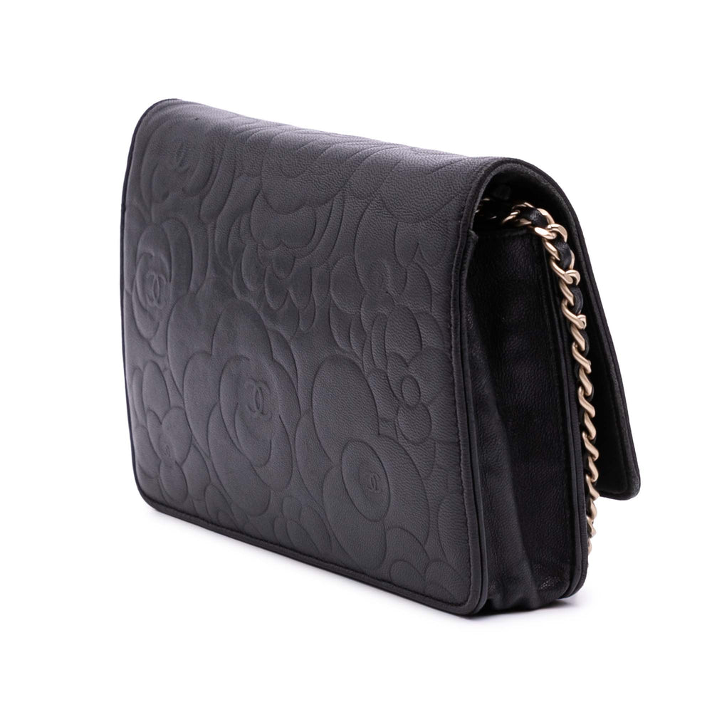 Lambskin Camellia Embossed Wallet On Chain Black - Gaby Paris