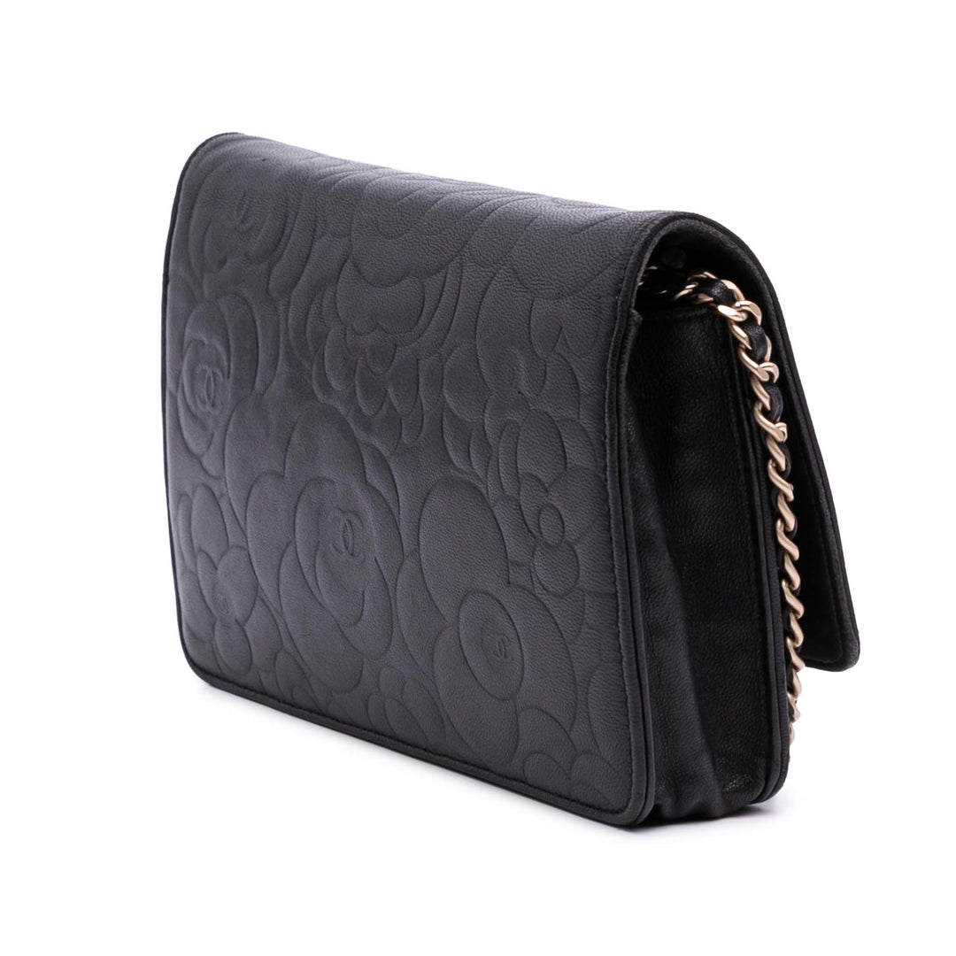 Lambskin Camellia Embossed Wallet On Chain Black - Gaby Paris
