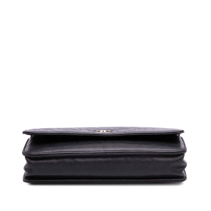 Lambskin Camellia Embossed Wallet On Chain Black - Gaby Paris