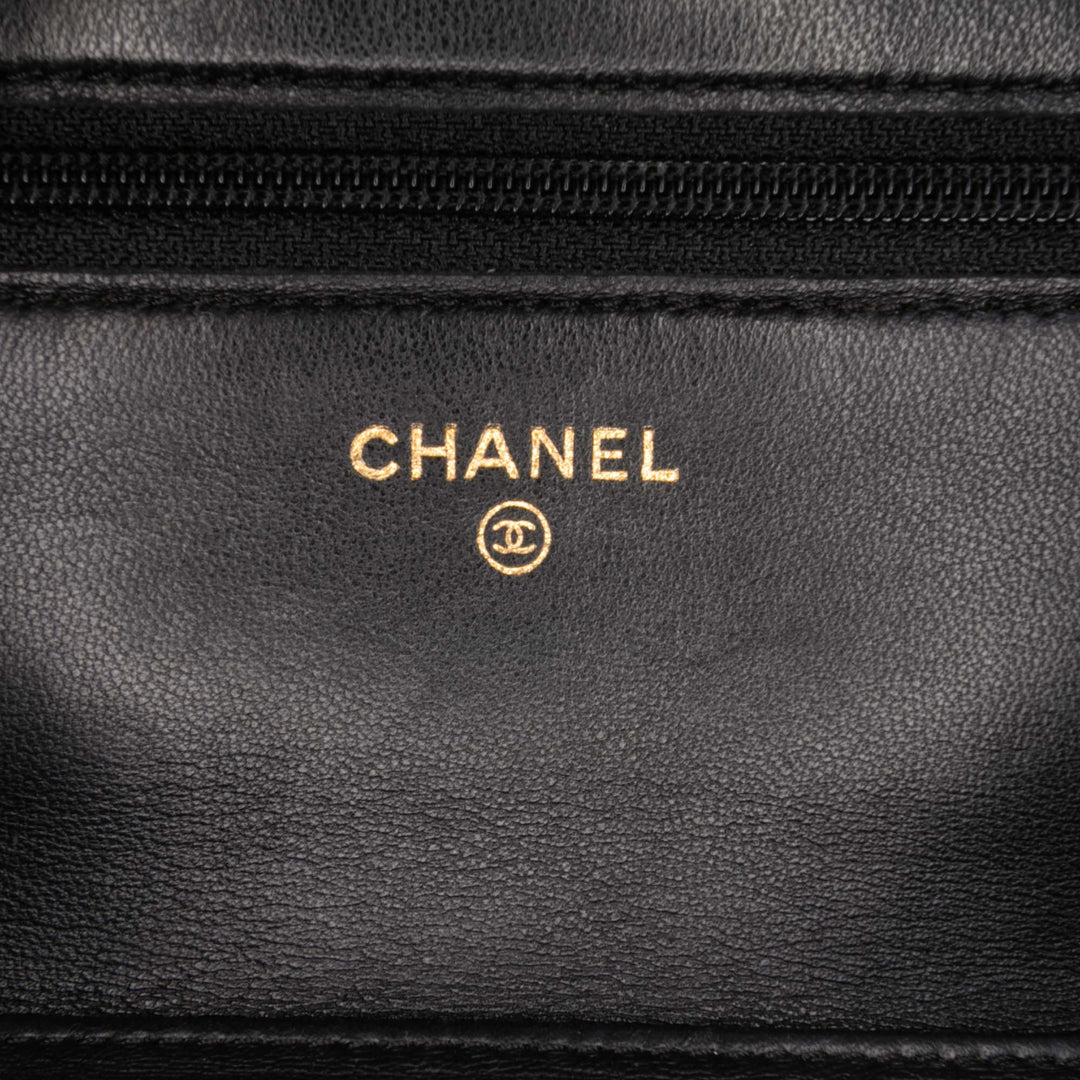 Lambskin Camellia Embossed Wallet On Chain Black - Gaby Paris
