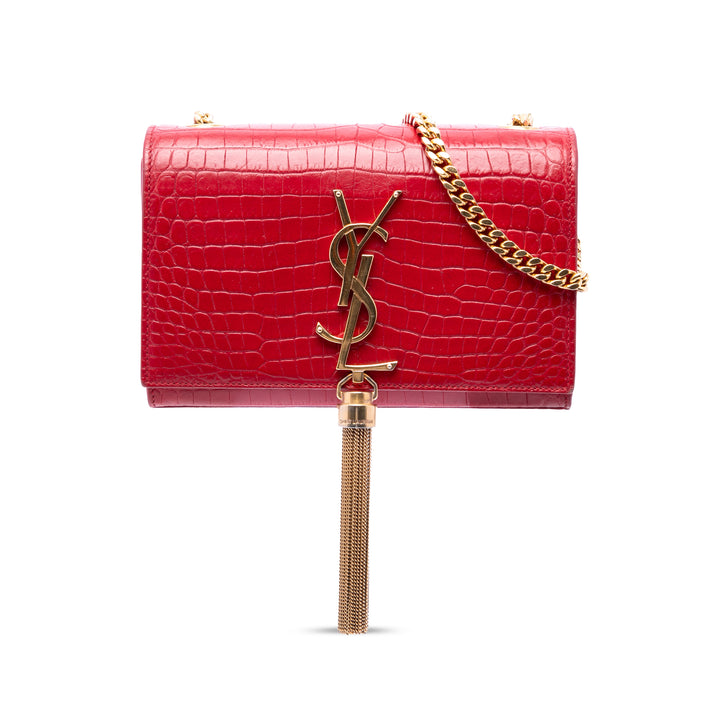 Saint Laurent Small Croc embossé Cuir Kate Pompon Sac porté croisé