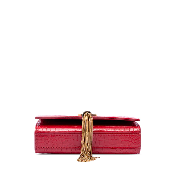 Saint Laurent Small Croc embossé Cuir Kate Pompon Sac porté croisé